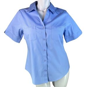 Chico's Blue No-Iron 100% Cotton Short Sleeve Button Down Blouse w/ Pockets Sz 1